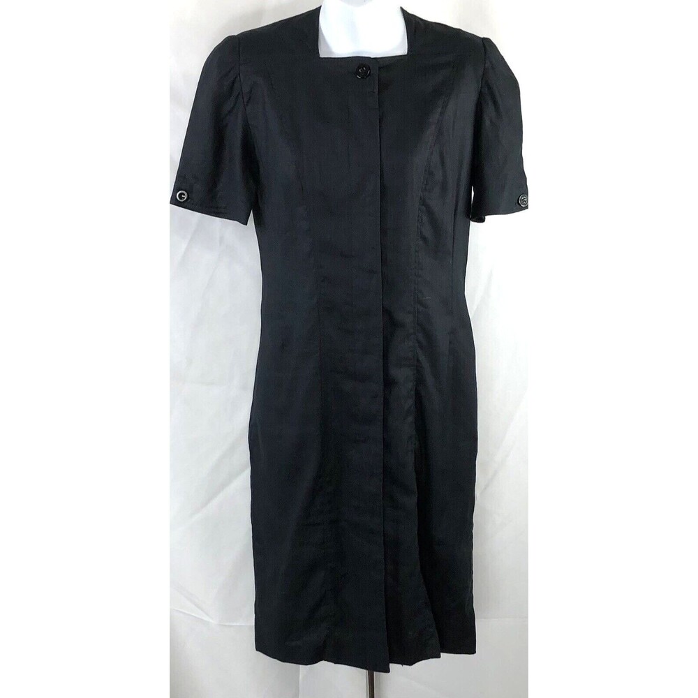 Liz Claiborne Midi Sheath dress 4 Black 100% Linen Buttons Short Sleeves Classic